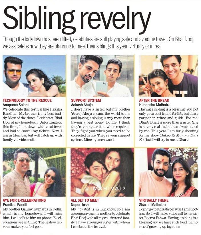 On #BhaiyaDooj , celebs how they are planning to meet their siblings
this year, virtually or in real 
#HappyBhaiDooj2021

#SharadMalhotra #NupurJoshi #HimanshuMalhotra #AakashAhuja
#AnupamaSolanki #PranitaaPandit