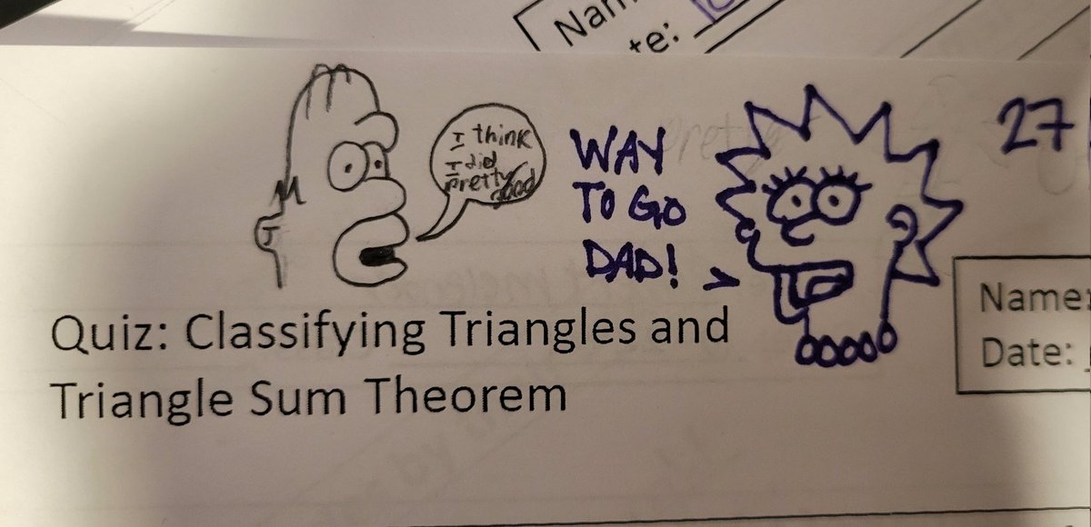 MrsJenkinsMath's tweet image. One of the best parts of grading papers this year is that I have a student who loves to draw Homer from @TheSimpsons ...and sometimes I draw back 🤣 (student got a 27 out of 28 on that quiz!)
