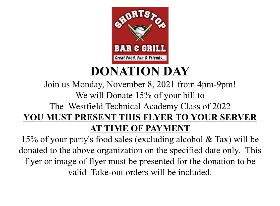 WTATigers's tweet photo. Class of 2022 Donation Day @BarShortstop Monday, November 8, 2021 from 4-9pm. Present this flyer to your Server at time of payment. Thanks for your support 🎓2️⃣0️⃣2️⃣2️⃣ https://t.co/TazwyPAvBP