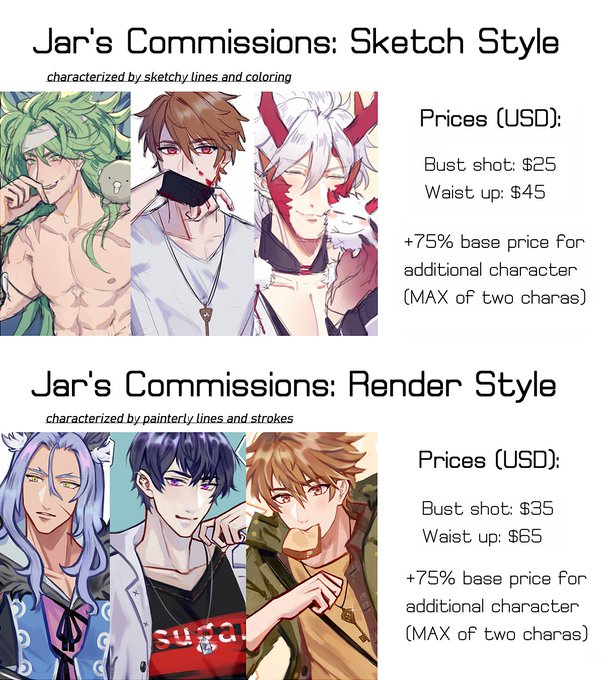 Hey everybody! I'm opening commissions with two different styles available! RTs are greatly appreciated! If you're interested, please DM me or fill out this form:
https://t.co/u0JJqaFlTW 