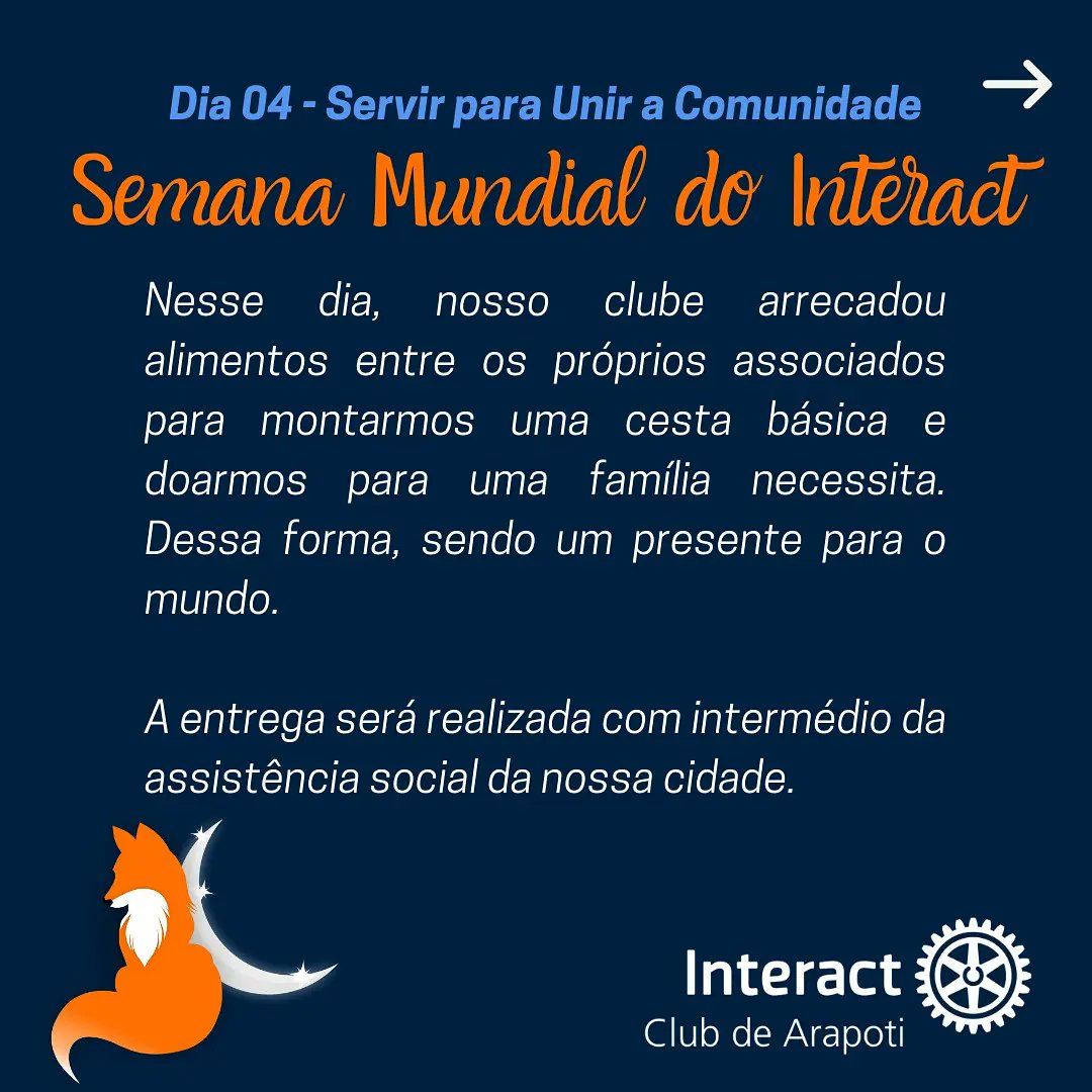 ic_arapoti's tweet photo. - SEMANA MUNDIAL DO INTERACT -

Hoje, dia 05 de novembro, estamos no 5° dia da nossa SMI e comemorando o Dia Mundial do Interact e como proposto, no dia de hoje, nós montamos uma cesta básica para doarmos para uma família carente de nossa cidade. ++ https://t.co/WLFpo5Jx3h