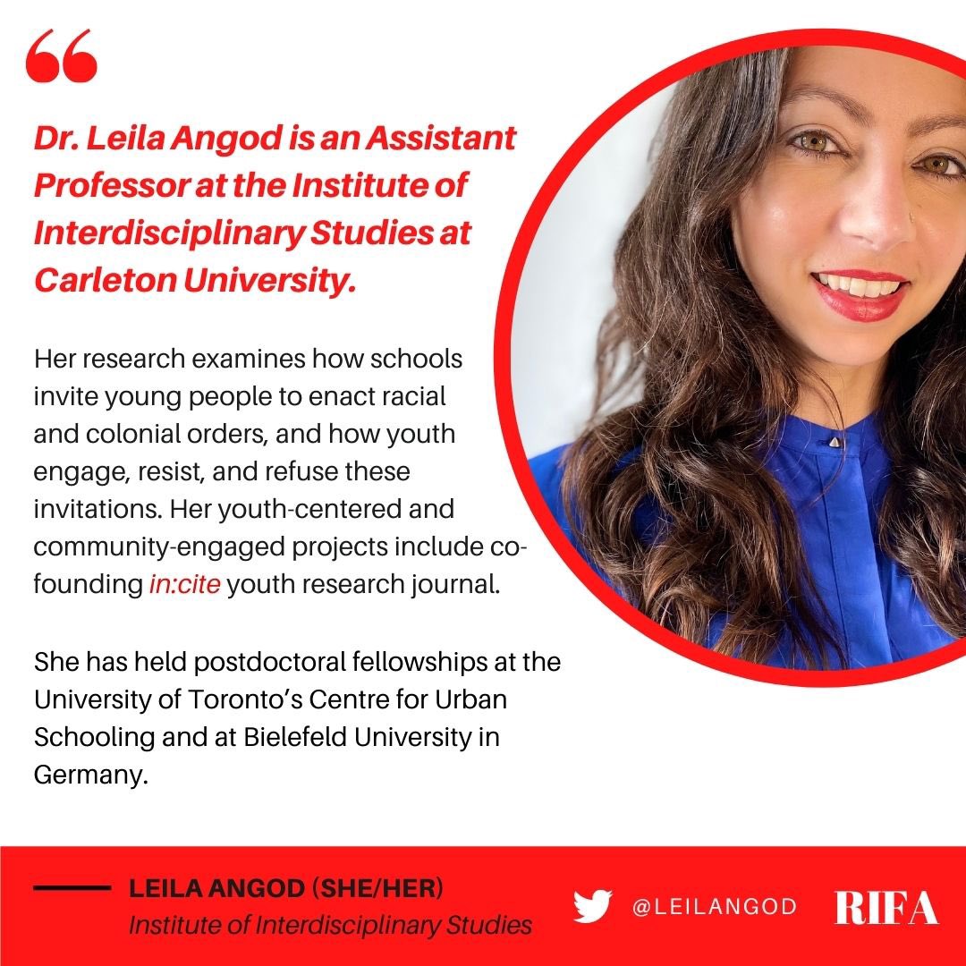 RIFA_Carleton's tweet photo. Introducing 1/4 recipients for the Fall 2021 RIFA Research Grant Awards, Professor Leila Angod. 

Leila’s project, “Youth Anti-Racism Accelerator (YARA): BIPOC Youth Transforming Schooling Inequities through Research,” has been awarded $4000 in grant funding. https://t.co/0yOBho0iGr