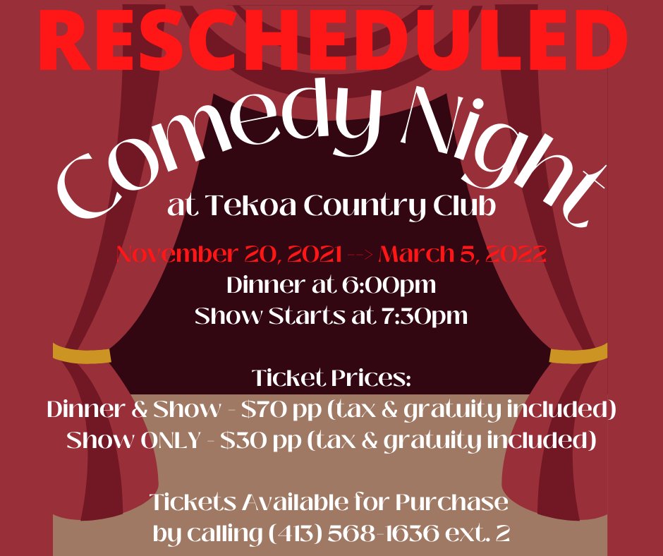 Our comedy show is being rescheduled from November 20, 2021 to March 5, 2022. We apologize for any inconvenience and we look forward to enjoying this event with all of you in the new year! #comedyshow #lohudcomedy