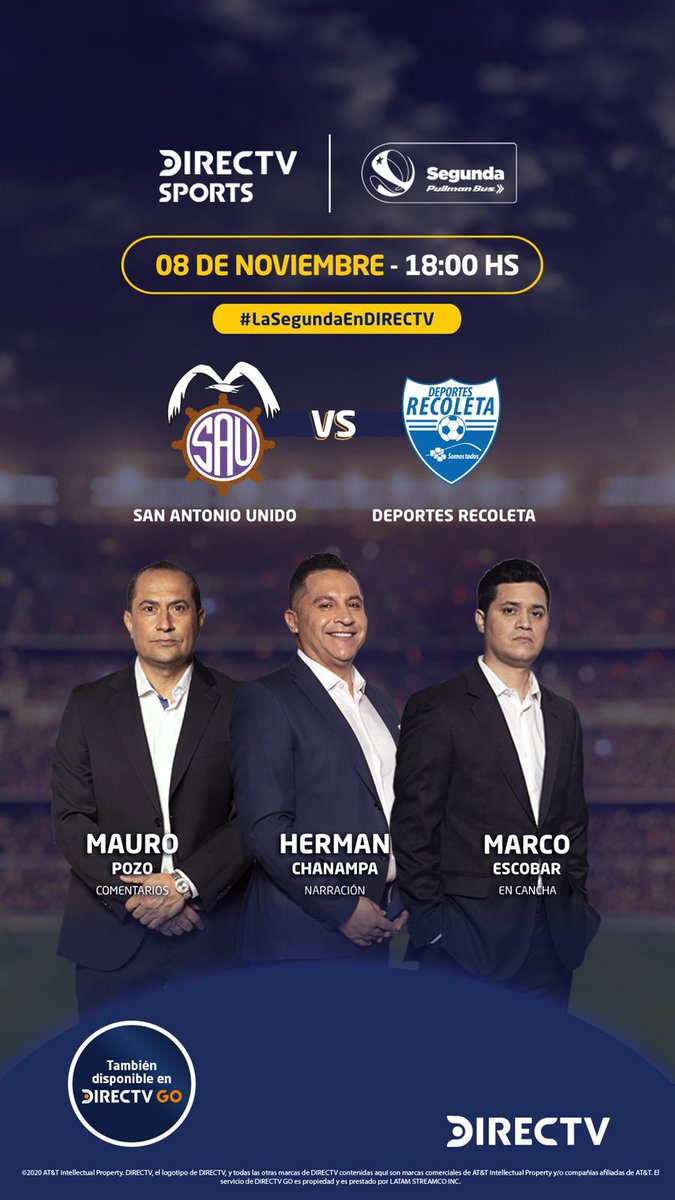 #SegundaPullmanBus
Comentamos 
<a href="/SAU_CL/">SAUOficial</a> @DepRecoleta
Desde las 17:30 hrs 
Por @DIRECTVChile
Con <a href="/hermanchanampa/">Herman Chanampa</a>
<a href="/M_EscobarAlvear/">Marco Antonio Escobar Alvear</a>
#LaSegundaEnDIRECTV