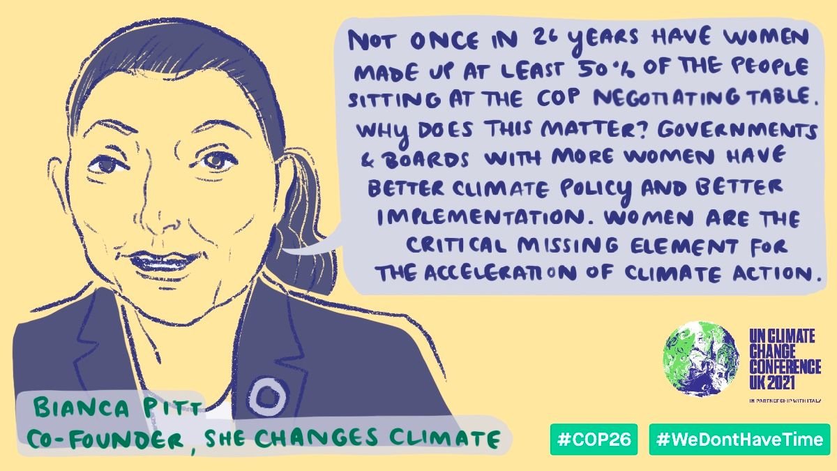 📢@BiancaPitt4 co-founder of @SheClimate is campaigning to ensure a fair & equal representation of women at #COP26.
#SHEChangesClimate

Drawing: @meganjherbert