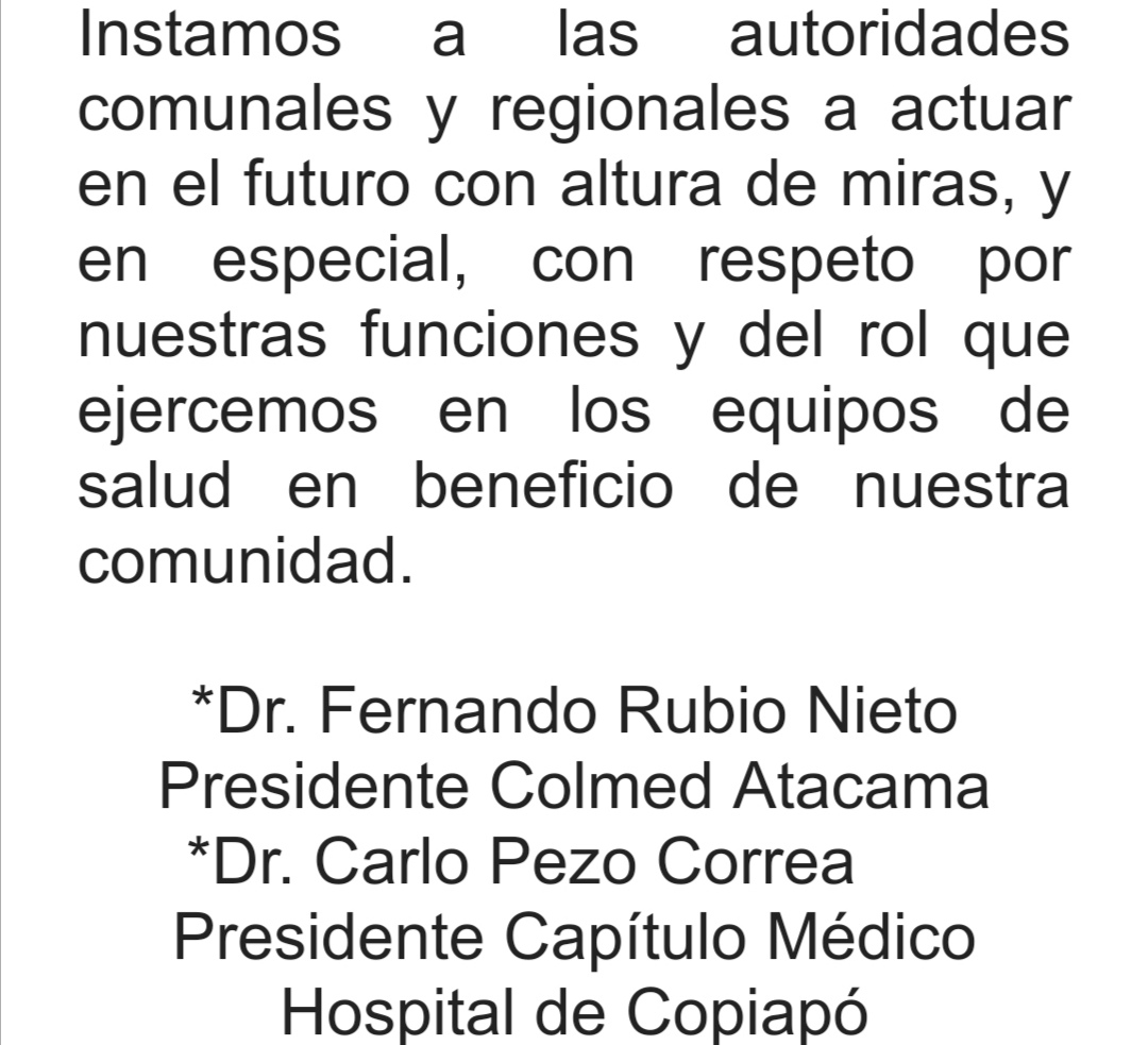 ColmedAtacama's tweet photo. Declaración del @ColmedAtacama en cuanto a reconocimiento a personal del sector Salud durante la pandemia. 😷 https://t.co/fIuqylVqzG