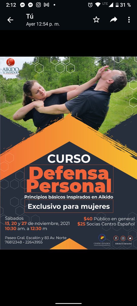 Aikidosv's tweet photo. Técnicas básicas de defensa personal, exclusivo para mujeres, comenzamos el sábado 13 de noviembre, 10:30 am en el Centro Español. https://t.co/EgWeGm5B2k