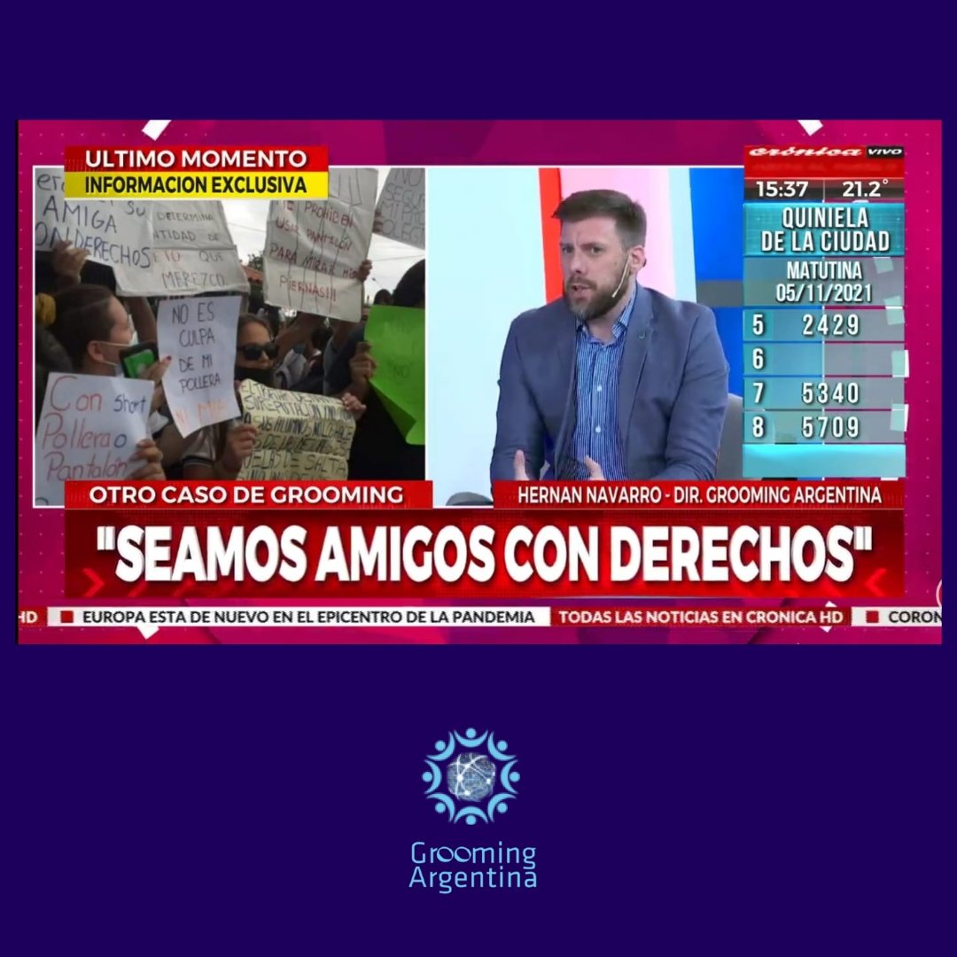 GroomingArg's tweet photo. 📺El Dr. @HernanGNavarro dialogó en @CronicaTV sobre el delito de #Grooming ante un grave hecho en #Salta.

💬 "La ley actual no prevé agravantes para encargados de la educación como autores. El proyecto de #NuevaLeyDeGrooming que impulsamos ante el @SenadoArgentina lo contempla" https://t.co/Hm2t41YU5i