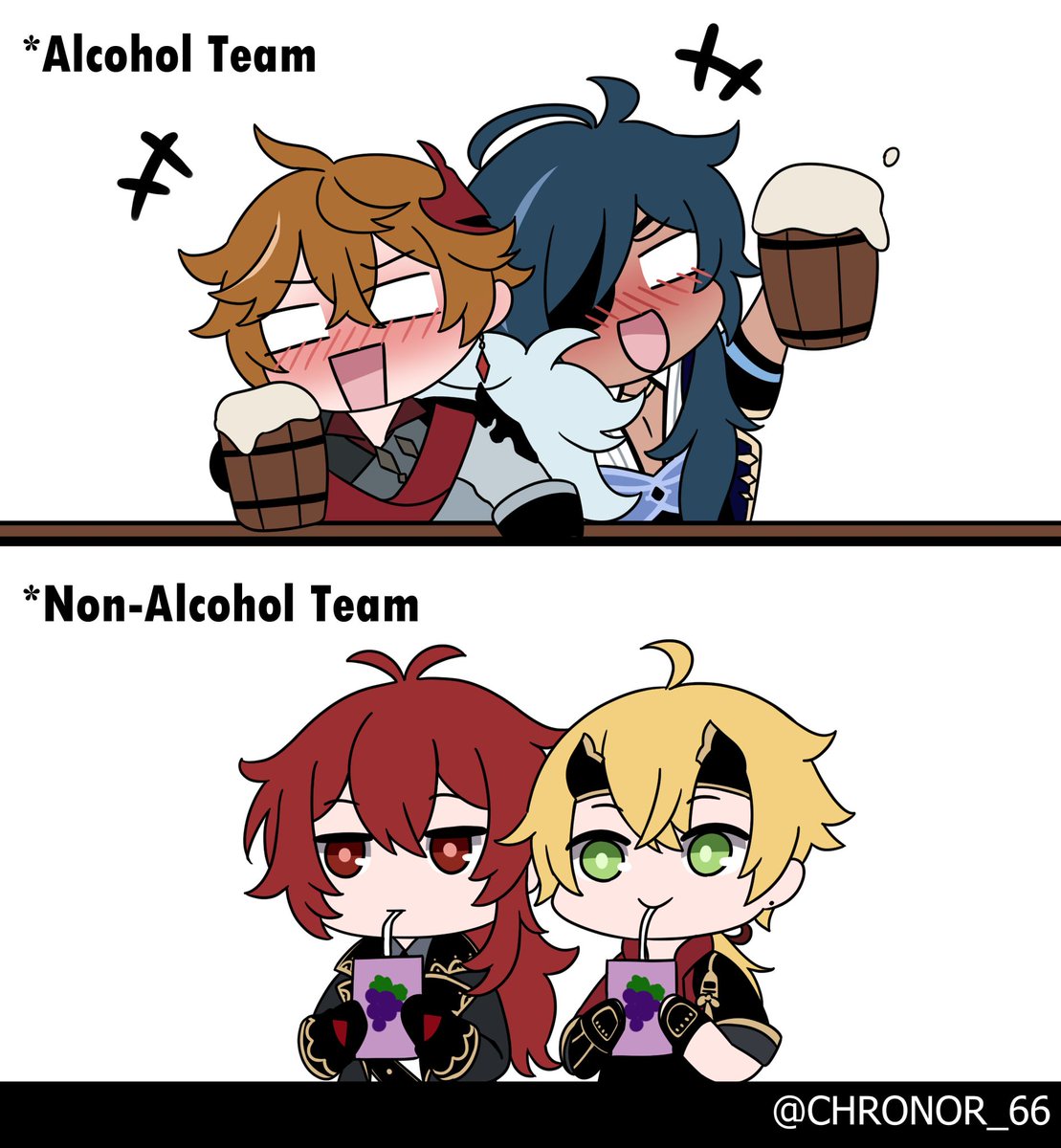 alcohol vs non-alcohol
#原神 #GenshinImpact 
#Kaeya #Diluc #Thoma #tartaglia 