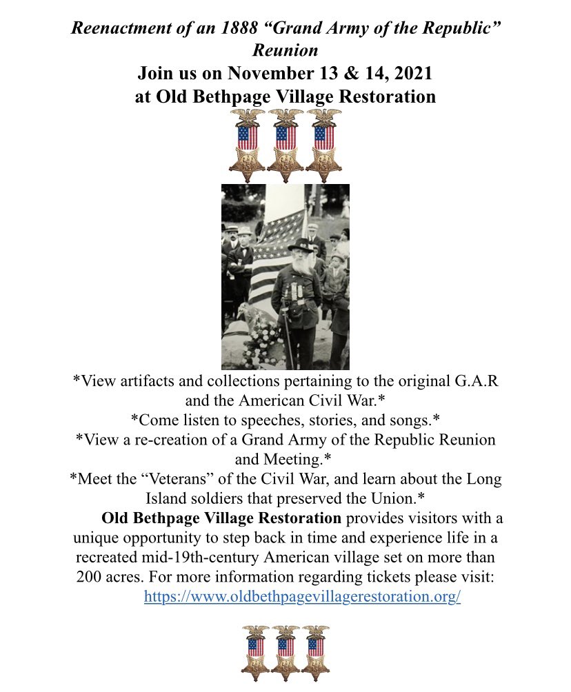 MBursig's tweet photo. We are one week away from an event that weโve been planning with the folks at Old Bethpage Village. Come visit on November 13 & 14 and learn about the GAR and Long Islandโs Civil War Veterans. ๐บ๐ธ#GAR #OBVR #oldbethpagevillage #longislandhistory https://t.co/NVIlNN1IzT