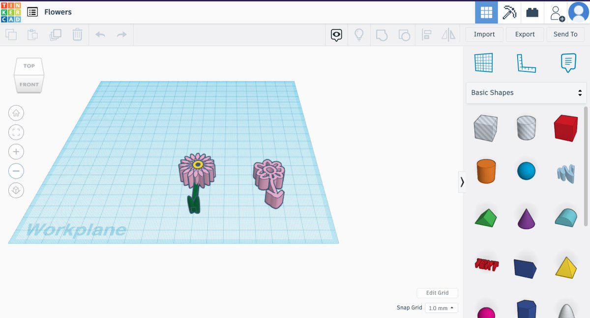 AshBertles's tweet photo. I had so much fun exploring 3d modeling using @tinkercad and @mergeedu in class yesterday! I was able to design some flowers using this technology which was so cool! #eci201 https://t.co/CgJsdnH48C