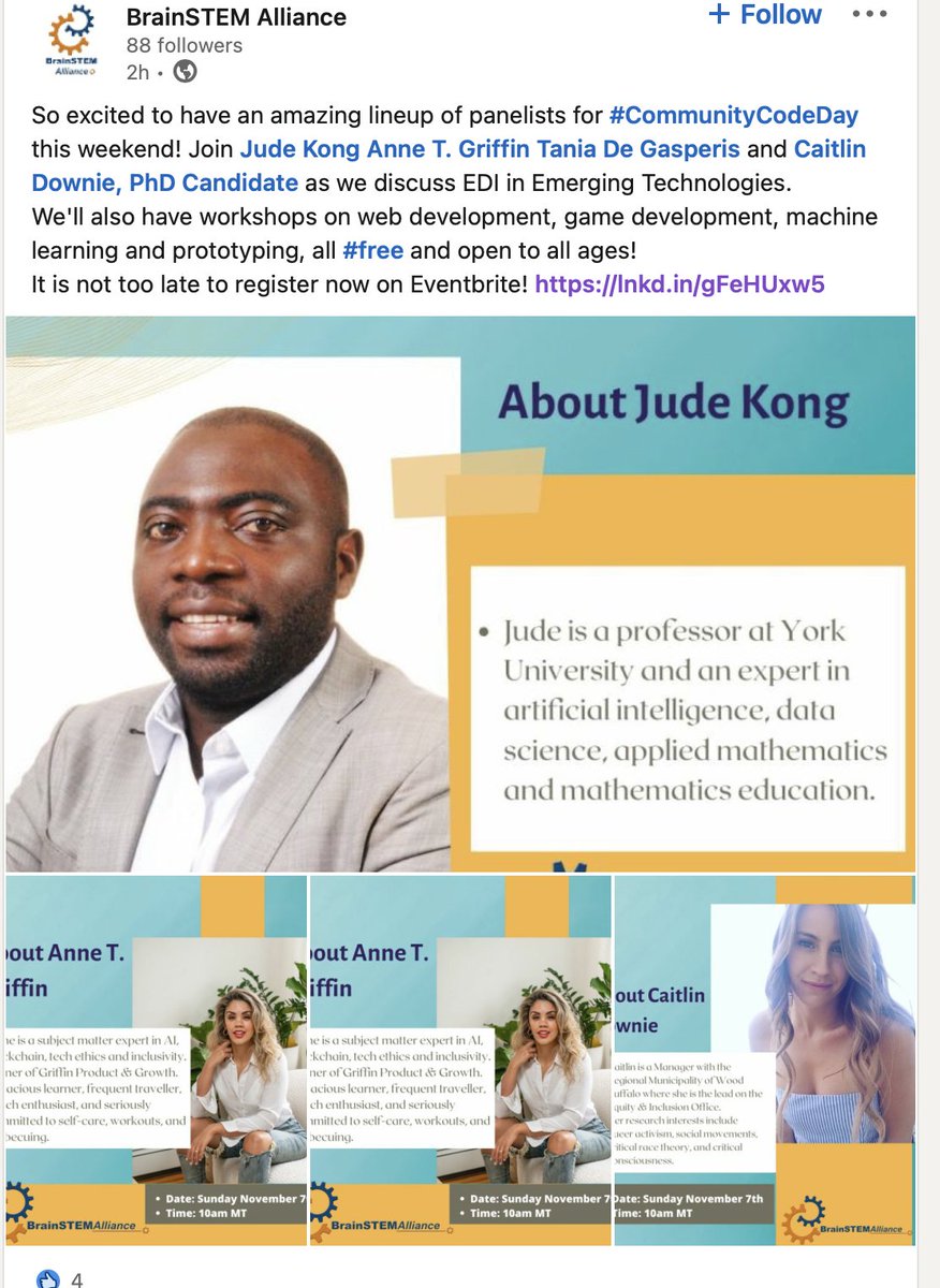 dzevela's tweet photo. :) Super excited! Less than 12hrs till the next #CommunityCodeDay. I am honoured to be invited as a panellist. Please register at https://t.co/wZ0tIkaQ6H to join this great event.
@STEM_Fellowship @brainstemally @taniadegasperis @annetgriffin https://t.co/OIB0yT6OAo