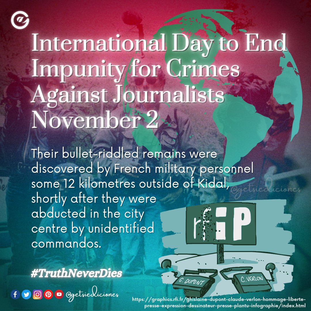 getsiediciones's tweet photo. International Day to End Impunity for Crimes Against Journalists, November 2🌏
"condemning all attacks and violence against journalists and media workers"
#internationaldaytoendimpunityforcrimesagainstjournalists  #crimesagainstjournalists #journalists #crimes  #getsiediciones https://t.co/ctRSTaZTfj