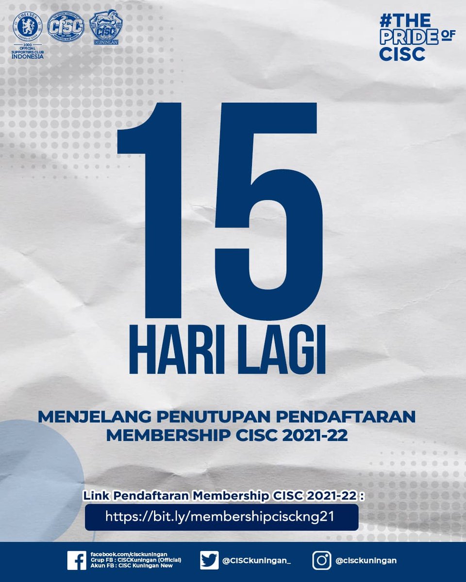 CISCkuningan_'s tweet photo. Waduh... Tinggal 15 Hari Lagi Masa Pendaftaran Member CISC
Yuk, Fans Chelsea buruan daftar member nya jangan sampai ketinggalan nanti nyesel bakal lama lagi nunggu daftar Member nya
#ThisIsCISC
#ThePrideOfCISC
#CISCMembership2021
#CISCKuningan https://t.co/wa7NeJio94