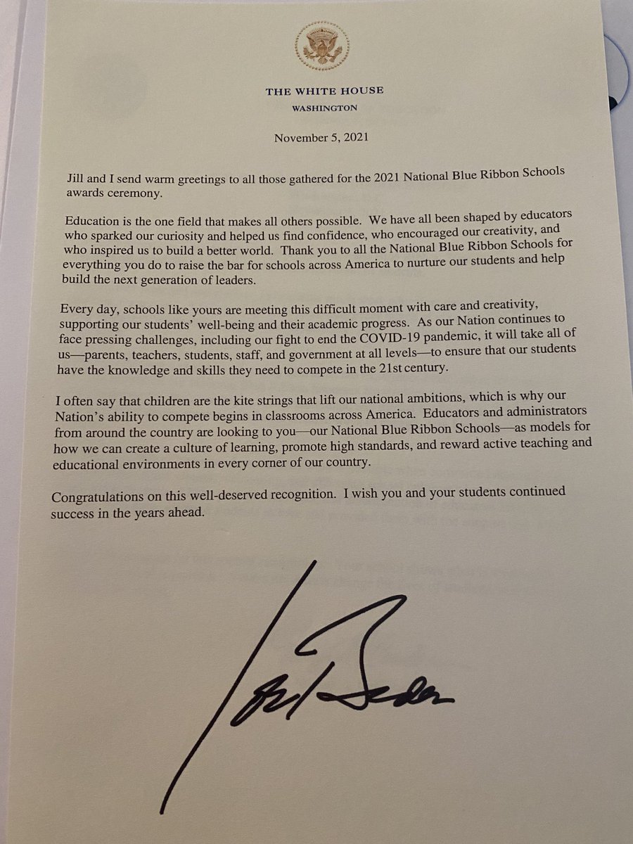 PAS_Overton's tweet photo. Principal Overton received a letter for our school community from @seccardona @flotus and @potus to congratulate our school! Stay tuned for more Blue Ribbon adventures! @philly_schools #twoblue https://t.co/l5qWxoK4RP