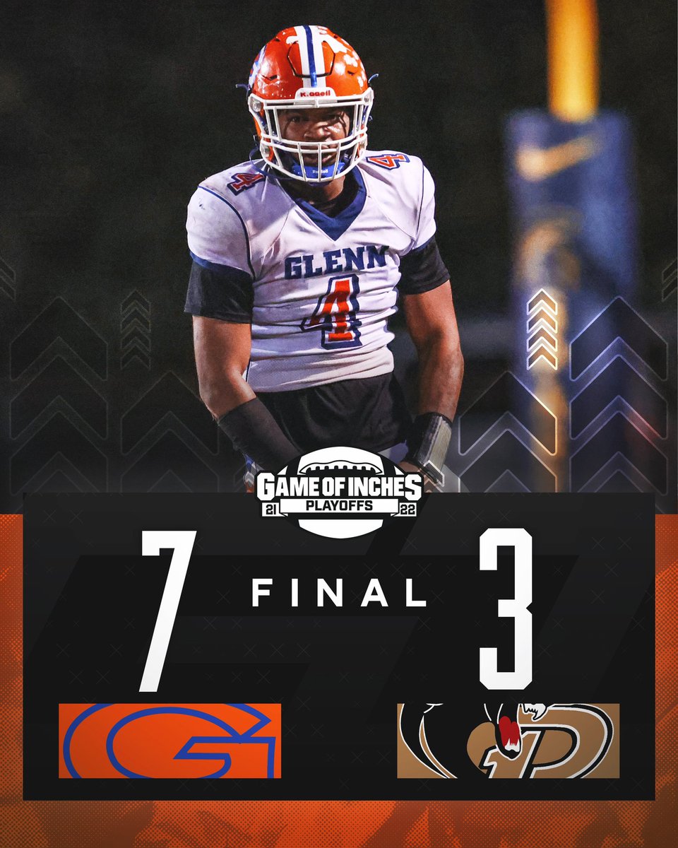 GameofInchesHSS's tweet photo. FINAL: @GlennFootball14 defeats Providence in a defensive standoff, 7-3, to advance to the next round of the 4A #NCHSAAFB playoffs💥 https://t.co/0yGmqkiNys
