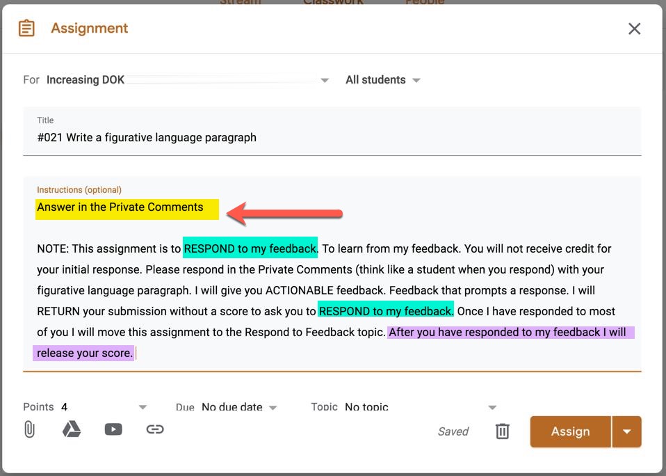 alicekeeler's tweet photo. FEEDBACK LOOP! Ask students to respond to a prompt in the private comments of #googleClassroom. You will respond and return without a score. The assignment is to respond to the feedback!   

#googleEDU #feedback https://t.co/oE7iMBZHu5 https://t.co/7U5KV8HR0M