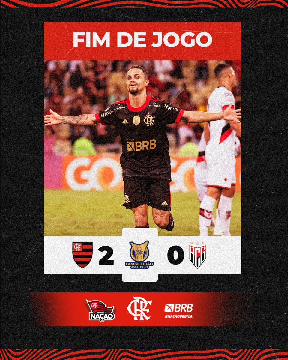 Flamengo's tweet photo. Fim de jogo no Maracanã! O Mengão vence o Atlético-GO por 2 a 0, pelo Brasileirão, com dois gols de @michael19real! #CRF #VamosFlamengo https://t.co/dI7hImZaL5