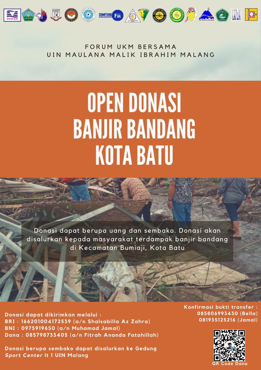 GALANG DANA, FORUM UKM BERSAMA (FUB) UIN MALANG

Donasi dapat berupa :
- Uang 💰
- Sembako 🛍

Donasi berupa dana dapat disalurkan melalui no. Rekening :
BRI : 166201004172539 (Shalsabilla Az Zahra)
BNI : 0975919650 (Muhamad Jamal)
DANA : 085798733405 (Fitrah Ananda Fatahillah)