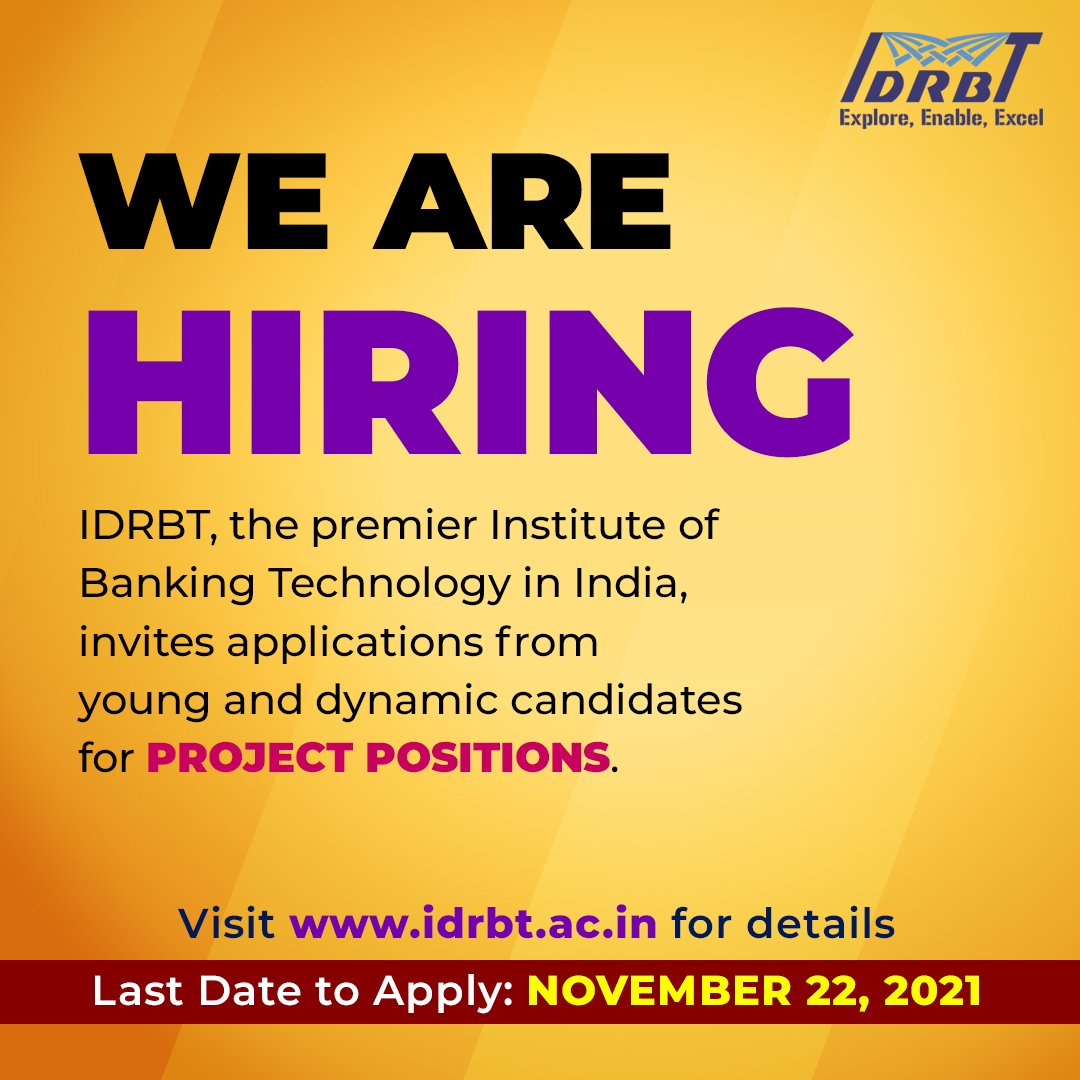 IDRBT's tweet image. Checkout openings @ idrbt.ac.in 

#idrbt #careers #jobopportunities #5glab #distributedledgertechnology #Blockchain #DeveloperJobs #WeAreHiring #jobopening #careeropportunities #openings #opportunities #job #Jobs