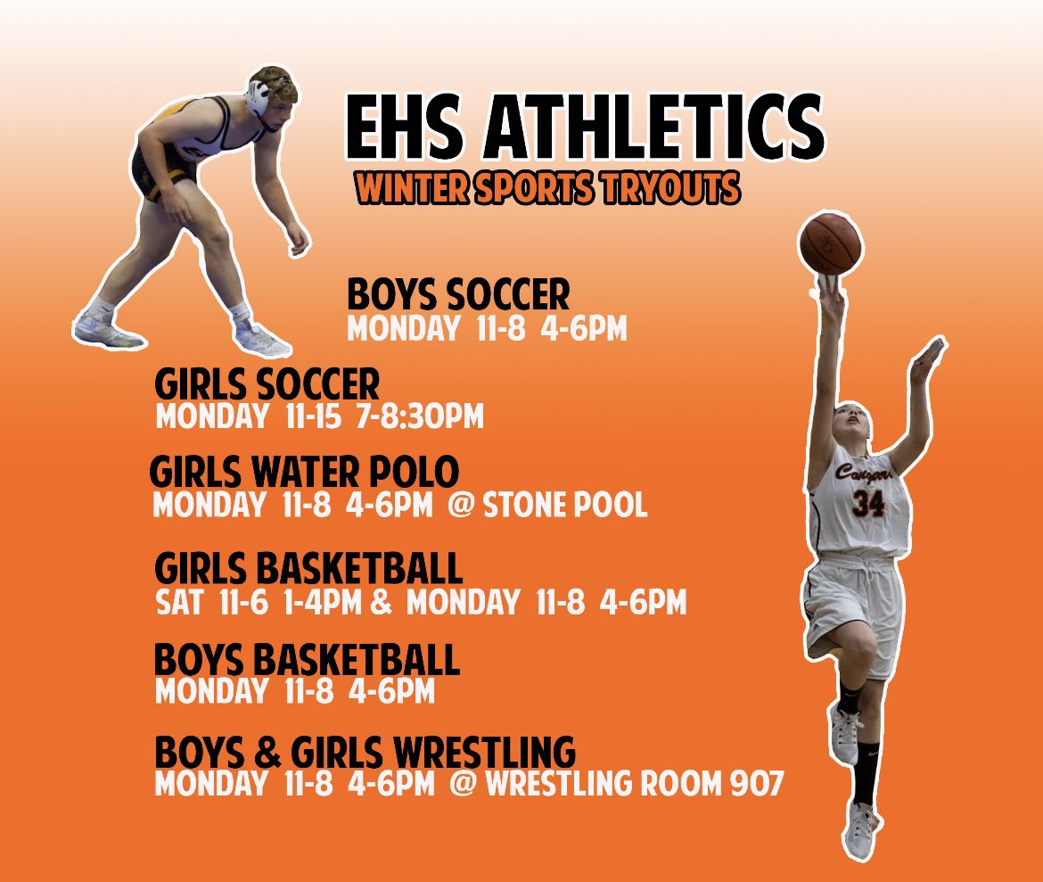 Cougars,

Winter Sports Season is here! 

Get ready for tryouts 
November 6- November 15! 

Up first- Girls Basketball 
Saturday, November 6
from 1:00-4:00p.m. &amp; 
Monday, November 8
from 4:00-6:00p.m.