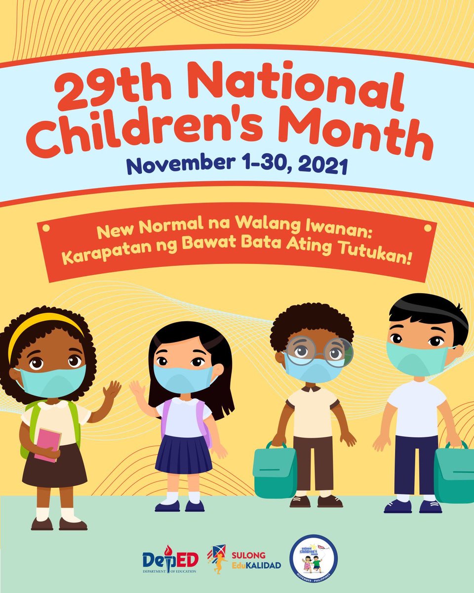 DepEd_PH's tweet photo. Happy National Children's Month! 🧒🧑

This November, the Department of Education is one with our nation in celebrating the National Children's Month with the theme "New Normal Na Walang Iwanan: Karapatan ng Bawat Bata ang Tutukan!" https://t.co/1wyrJdUDuQ