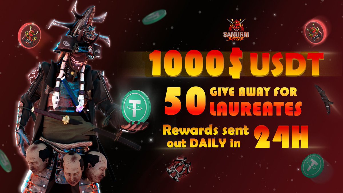 Samurai_Battle's tweet photo. 🚀 EARN $1000 PER DAY WITH SAMURAI BATTLE

🎉GIVEAWAY (Round 1) 

🎁Total reward: $1000 USDT per DAY  
🔥50 winners daily, $20 USDT /winner

🔥Rewards are paid out after 24 hours 

📍Fill out the form: https://t.co/j5QSK5aSji

CLICK TO EARN 🌟

#SamuraiBattle #Metaverse #Giveaway https://t.co/94IqeJg7td