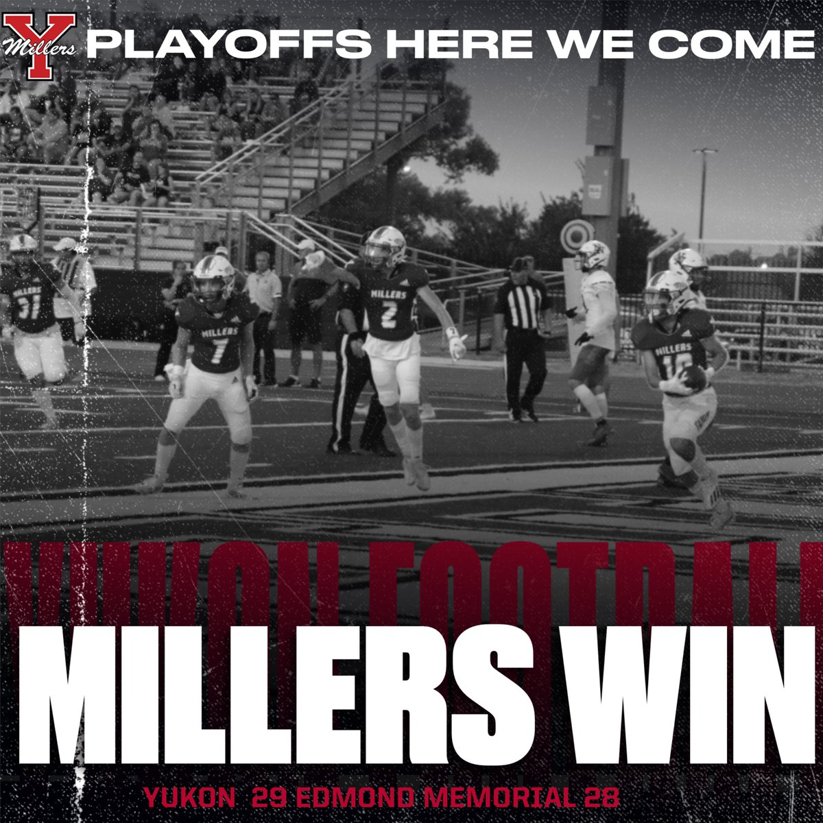 YukonAthletics's tweet photo. Millers win a thriller! 29-28 in Overtime against Edmond Memorial. The win clinches Yukon a playoff spot! #okpreps https://t.co/8QKpZGwBJG