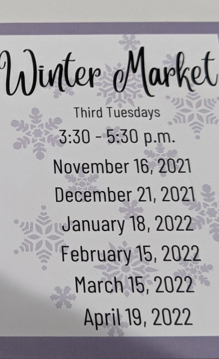 We're done with Saturday markets for the year and have started our winter schedule.  From November through April, we are open just one day per month.  It's the third Tuesday at 3:30-5:30pm.  Please mark your calendars and plan to join us.

We meet in the summer location.
