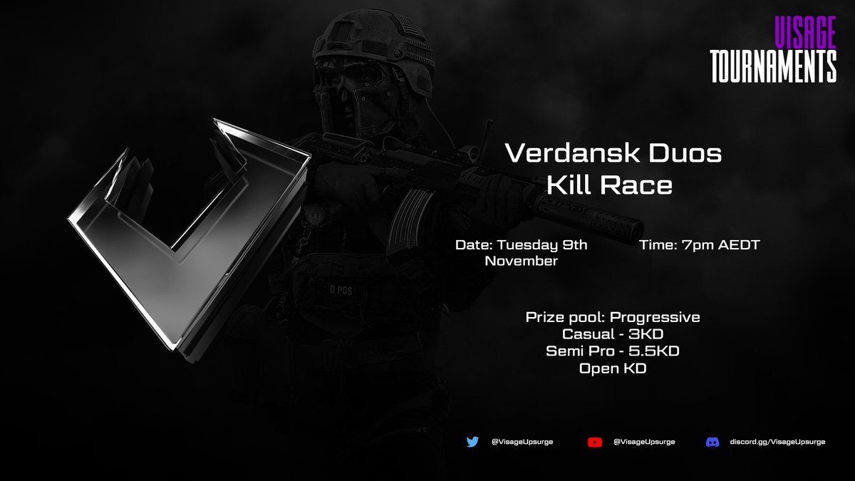 Rayz0ner's tweet image. 🚨 Verdansk 2v2 Kill Race 🚨

⏰ Tuesday 9th, 7pm AEDT ⏰

🏅 3KD - 5.5KD - Open KD 🏅

#VisageTournaments