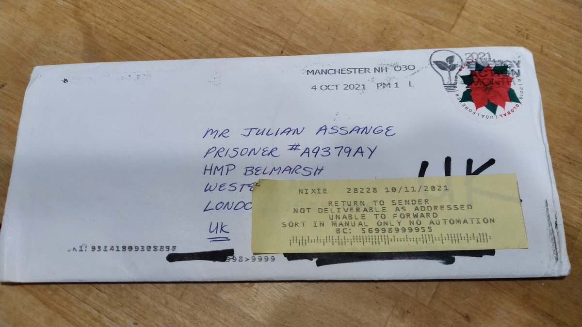 Plucille54's tweet photo. Strange- month after I mailed a letter to Julian, it was returned to me.
'Return to Sender' somewhere here in the US. My local P.O. cld not decifer from what city it was sent back.
I'm going to say it's a freak accident otherwise I wld be really angry to think I was messed with. https://t.co/w9qsPO3Gi3