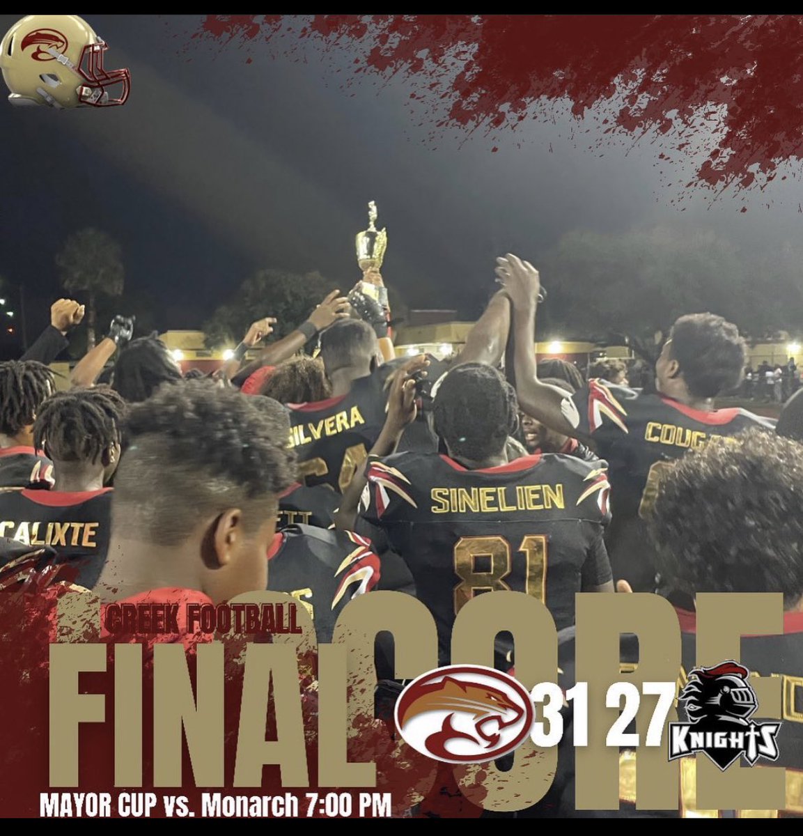 CreekFootball1's tweet photo. Best Record in Creek History ✔️ Win Back the Mayor Cup ✔️ But the Story is just being written. #OntoThePlayoffs  #ClawsUp #OneHeartBeat @FloridaPrepsFB @TheCribSouthFLA @FlaHSFootball @CreekMagnet @Principal_Fiske https://t.co/8Hd8B7Qz2z