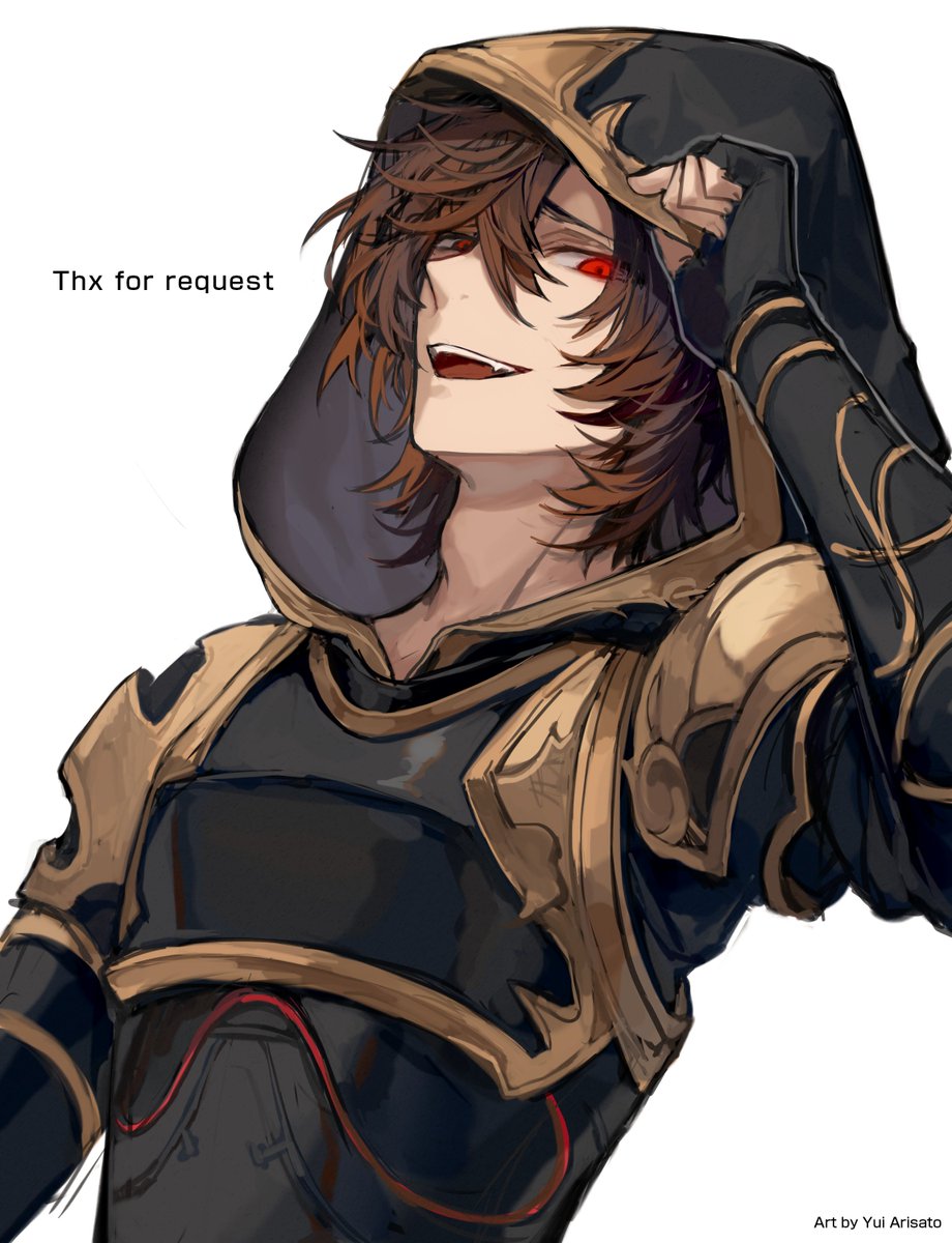 1boy male focus red eyes brown hair hood solo armor  illustration images