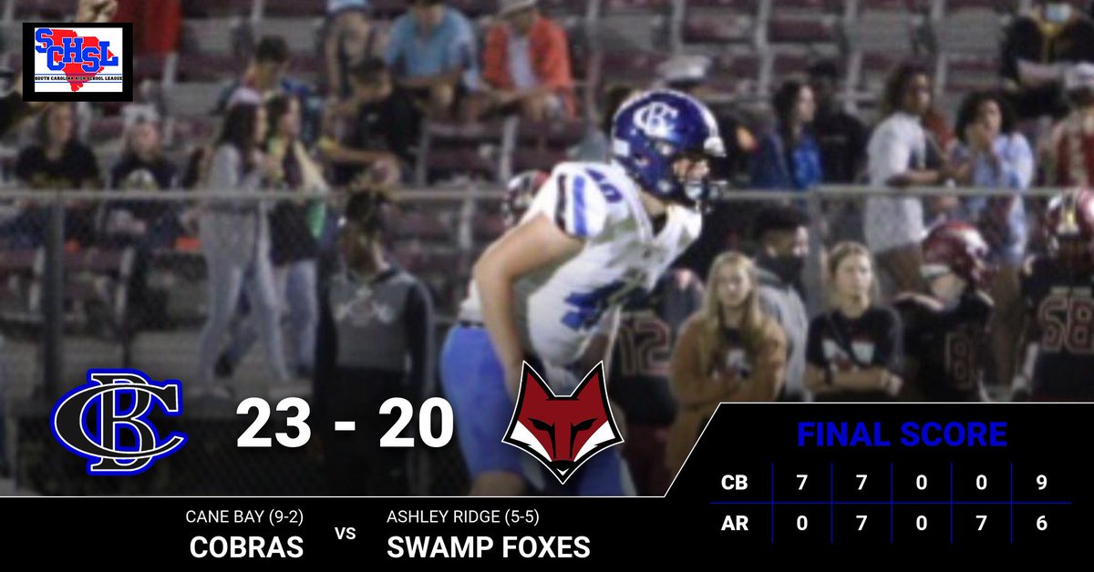 The Cobras come away with a double overtime win  as TJ Wright scored from 1 yard out on 4th and goal in the 2nd overtime.  The Cobras improve to 9-2 and will travel to Dutch Fork next Friday in the 2nd round of the 5A Playoffs.