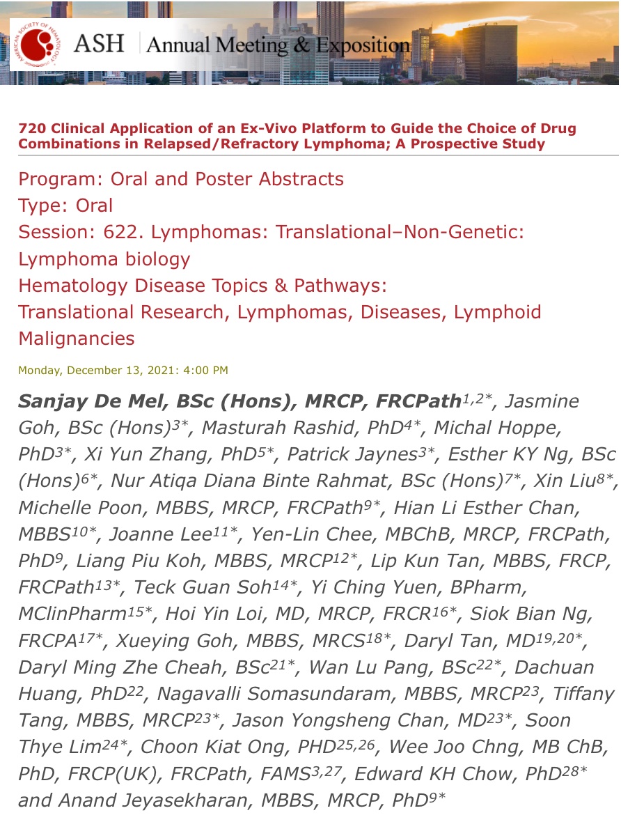 Anand D Jeyasekharan (@adj_23) on Twitter photo Really chuffed to have our work accepted as an oral presentation at #ASH2021 ash.confex.com/ash/2021/webprā¦
We report our clinical experience with #personalized combination treatments in relapsed #lymphoma - a fantastic collaboration with <a href="/echow310/">Edward Chow</a> and colleagues across Singapore. Really chuffed to have our work accepted as an oral presentation at #ASH2021 ash.confex.com/ash/2021/webprā¦
We report our clinical experience with #personalized combination treatments in relapsed #lymphoma - a fantastic collaboration with <a href="/echow310/">Edward Chow</a> and colleagues across Singapore.