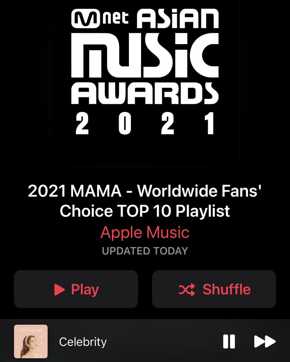 funduaenas's tweet photo. Vote for IU (@_IUofficial) as Worldwide Icon of the Year by listening to ‘Celebrity’ straight from the 2021 MAMA Playlist on Apple Music!

👉🏻 https://t.co/l5vn7JpRRc

Listen to the song for atleast 30 seconds, 5 times everyday. First 5 plays count as vote.
#IU #아이유 #UAENA https://t.co/f6bEZfsqpA