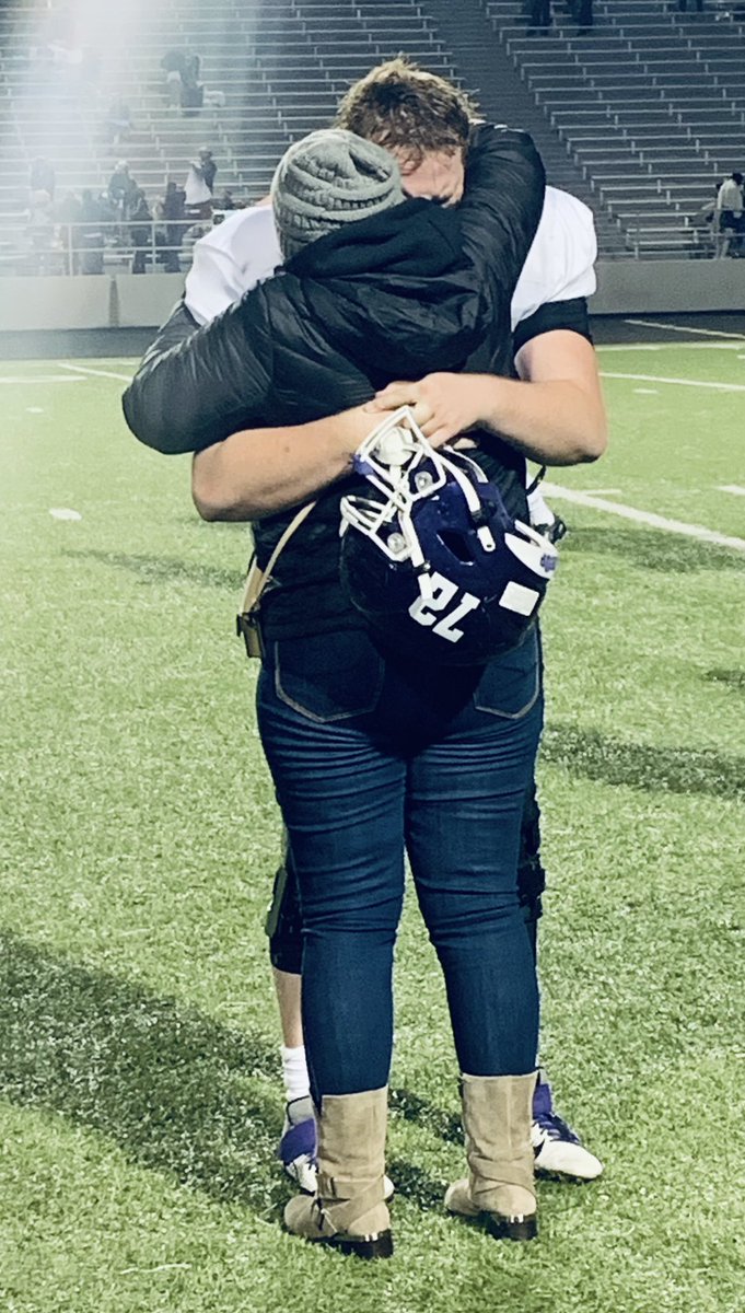 I’ve taken a lot of pictures this season but this one is easily my very favorite.. Final game of district play, we just won and are headed to playoffs. Senior #72 sharing a special moment with his mama! THIS moment is pure joy!  💜