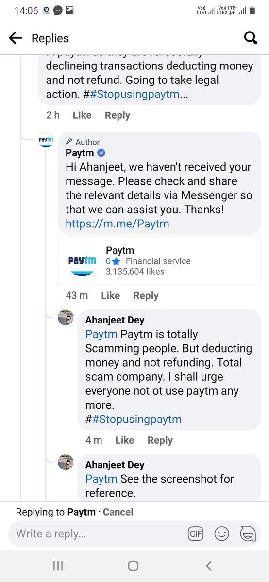 iamahanjeet's tweet image. @Paytmcare Paytm Paytm is totally Scamming people. By deducting money and not refunding. Total scam company. I shall urge everyone not ot use paytm any more. Asking customers to message and not reverting back..this is the proof.
##Stopusingpaytm