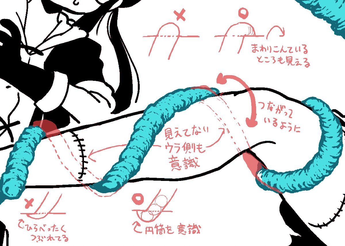 前回の触手シーン(タコ触手&ボコボコ触手)のアシスタントさんへの指示メモ。

円筒状のものに乗っかっている形の捉え方のコツ。

※だいたい」円筒状って書いてますが、厳密にいうと蛸の足は吸盤の生えてる方はちょっと平べったくなってるので、ここまでおおげさに向きが変わったりはしてないけど 