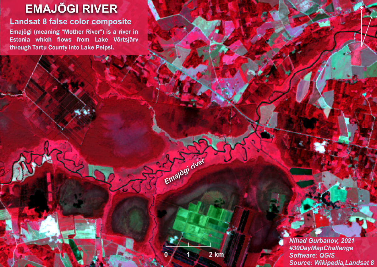 6. Red: Landsat false color composite of River Emajõgi in Estonia. The map is done with #QGIS by our #MSc student Nihad Gurbanov during the #30daymapchallenge hackathon <a href="/unitartu/">University of Tartu</a>