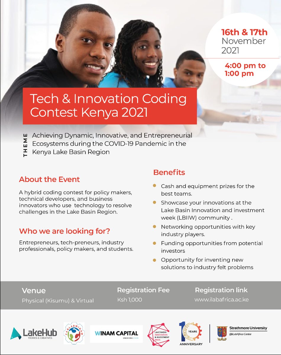 lbiiwk's tweet photo. In partnership with @LakeHub @winamcapital @FablabWinam &amp; @iLabAfrica we will be hosting the Tech and Innovation Coding Contest on 16th-17th November in the upcoming #lbiiw2021 conference.
Register Now by visiting https://t.co/JHvjLn4buW https://t.co/Ad7l9YDKBJ