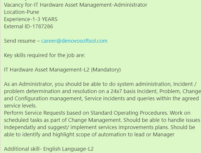 denovosoftsol's tweet photo. #denovojobs #denovo
Vacancy for-IT Hardware Asset Management-Administrator
Location-Pune
Experience-1-3 YEARS
External ID-1787286
Send resume – career@denovosoftsol.com
#assetmanagement #ITHardware #SQL #Oracle #databasequeries #IToperation #itservice #ITsupport #ITmanagement https://t.co/nqEHnHcJ4h