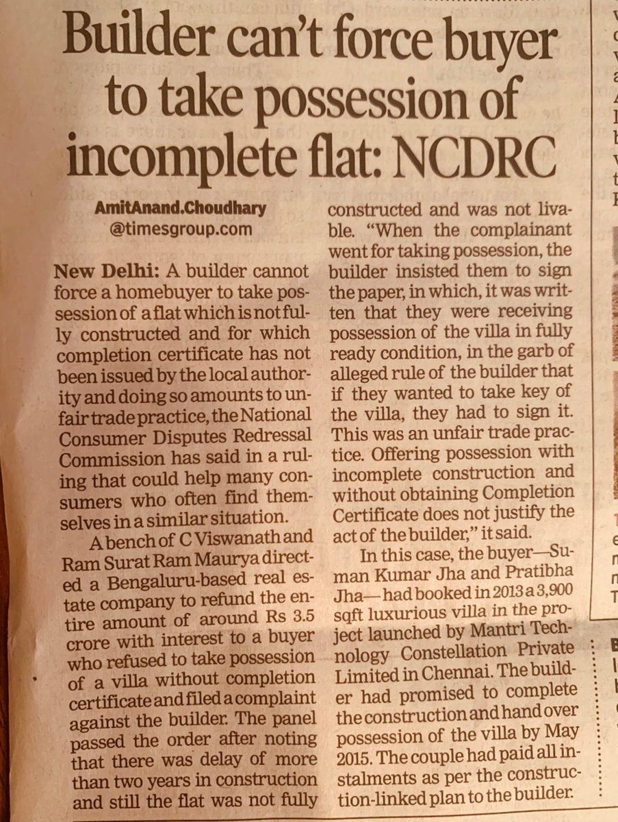 A_Parolia's tweet photo. Forcing #homebuyer to take delivery of incomplete flats is a very common practice around the nation, glad we could help them to get justice against such prevalent unfair trade practices. More power to Consumers @FightForRERAInd  @TOIIndiaNews @amitanandTOI https://t.co/lV6ov8cpbx