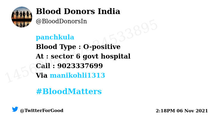 BloodDonorsIn's tweet photo. #SOS
#Panchkula
Need #Blood Type :  O-positive
Blood Component : Platelets
Number of Units : 2
Primary Number : 9023337699
Via: @manikohli1313
#BloodMatters
Powered by Twitter https://t.co/JalV74rdei