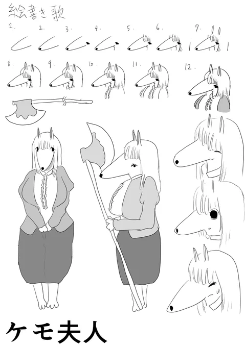 ケモ夫人の描き下ろしページ、こんなのどうかなって感じで設定資料的なのをこしらえています 