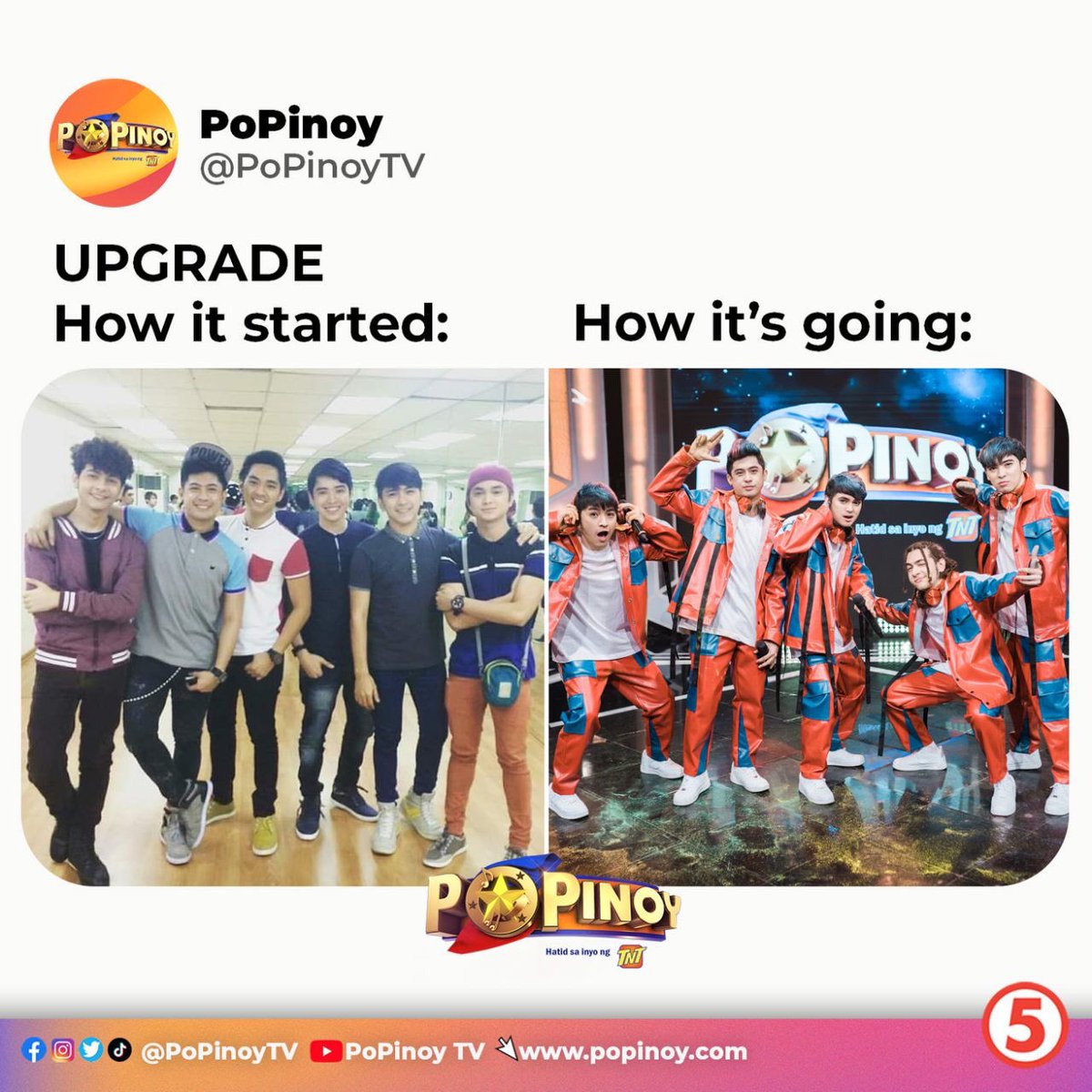 PoPinoyTV's tweet photo. October 2014, naghanap ang Upgrade ng member to complete their group. October 2021, ready na sila to reach for the POP! Sila na ba ang next P-pop stars? Abangan bukas, 6:30PM sa TV5! ❤️

#PoPinoyTV5 #TNTPoPinoy #PPop #PopDreamers #Upgrade https://t.co/ExG7KSTjtv