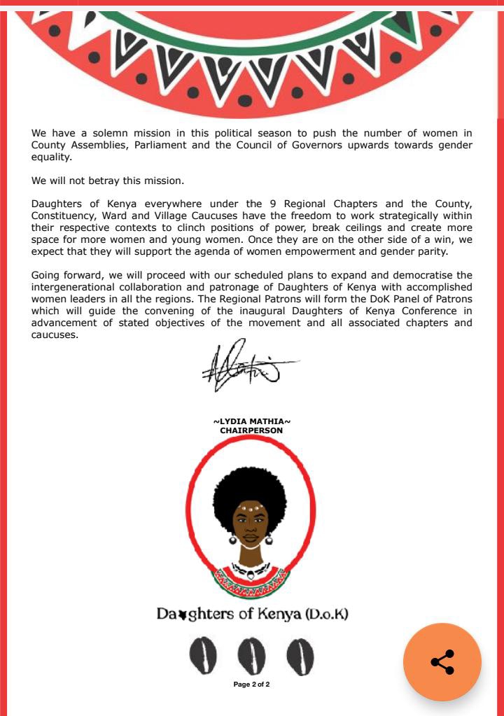 dotn_ke's tweet photo. The Daughters of Kenya held a Consultative meeting yesterday and agreed that they will not be joining UDA as their network comprises of young women with divergent political views.
#DaughtersOfKenya 
#DOK
#DOTM https://t.co/O1wqtc9FwN