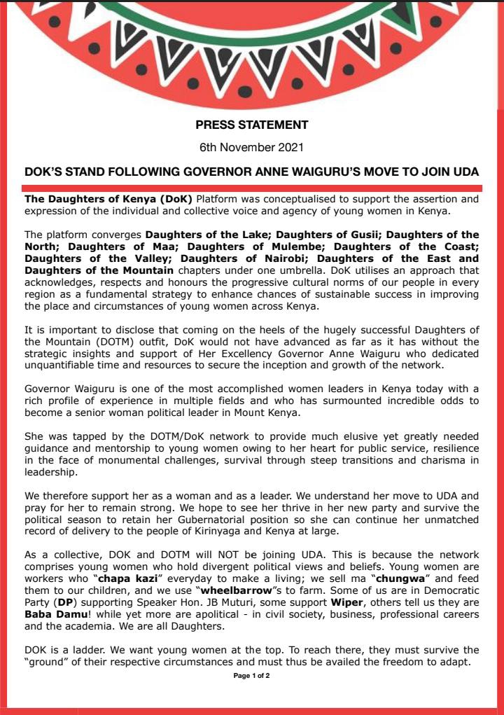 dotn_ke's tweet photo. The Daughters of Kenya held a Consultative meeting yesterday and agreed that they will not be joining UDA as their network comprises of young women with divergent political views.
#DaughtersOfKenya 
#DOK
#DOTM https://t.co/O1wqtc9FwN