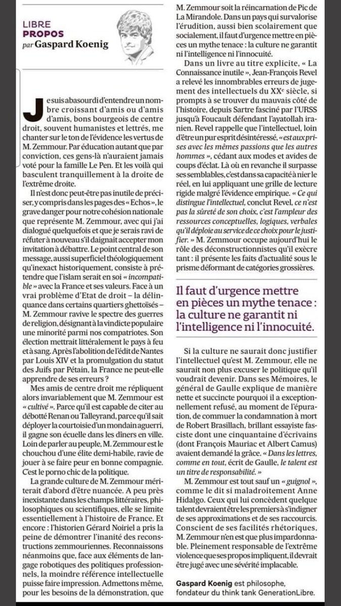 A lire. « …Zemmour c’est le porno chic de la politique… » remarquable papier de Gaspard Koenig qui remet les choses à leurs places et dénonce le dangereux imposteur.