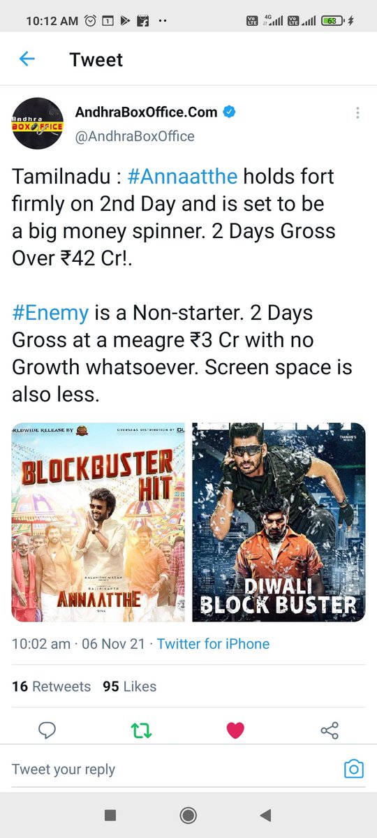 MAHI36002430's tweet photo. @rameshlaus According to #andhraboxoffice.com #annathe 2days tamilnadu gross 42cr https://t.co/8sZTzWg5GW